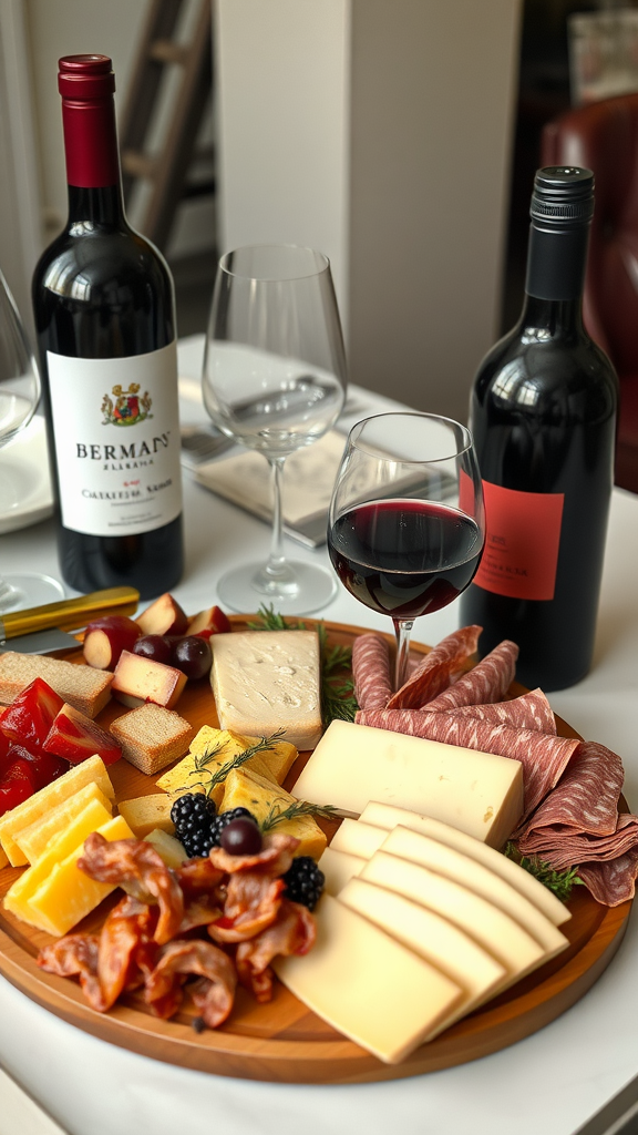 A beautifully arranged charcuterie board featuring various cheeses, cured meats, fresh fruit, and two bottles of red wine.