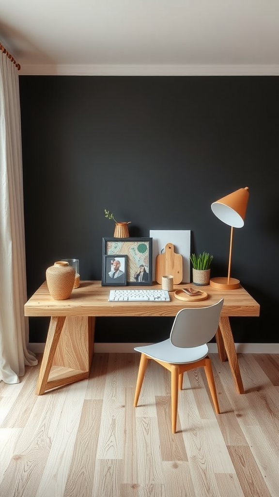 A cozy workspace featuring a wooden desk, a white chair, plants, and decorative items.