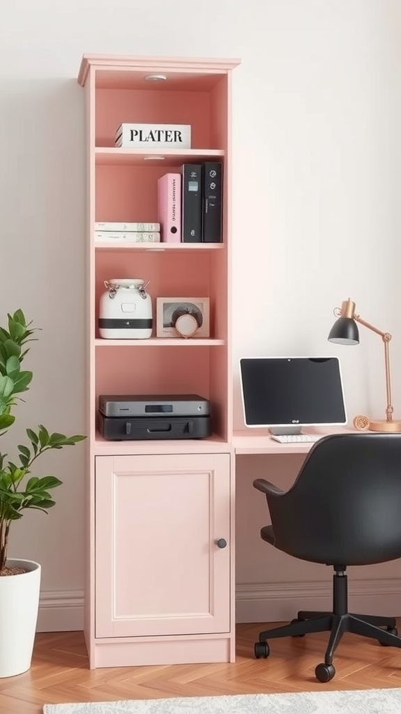 Stylish pink storage unit with shelves and a workspace