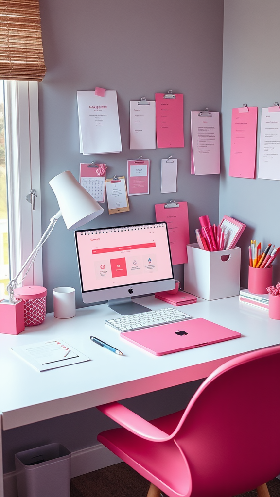 A cozy home office setup with pink-themed office supplies, including a computer, notebooks, and pens.