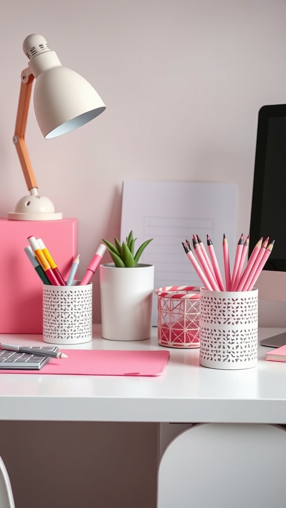 A neat desk with pink and white accessories, including pencil holders, a lamp, and a small plant.