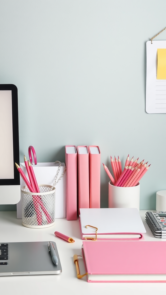 A modern office desk featuring pink and white supplies including notebooks, pencils, and a computer.