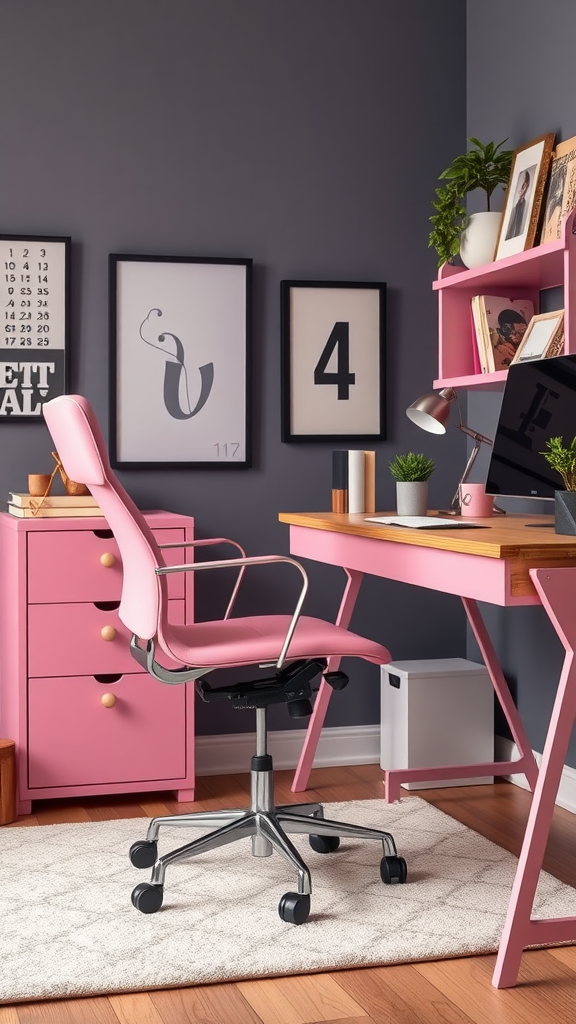 A stylish pink office chair in a cozy home office setting.