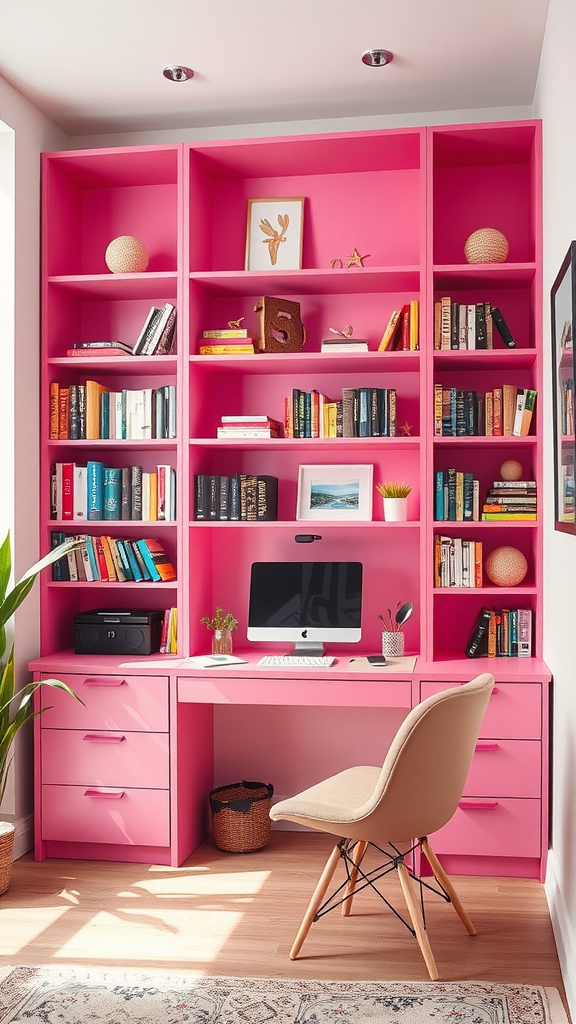 A cozy home office featuring vibrant pink shelving units filled with books and a stylish desk.