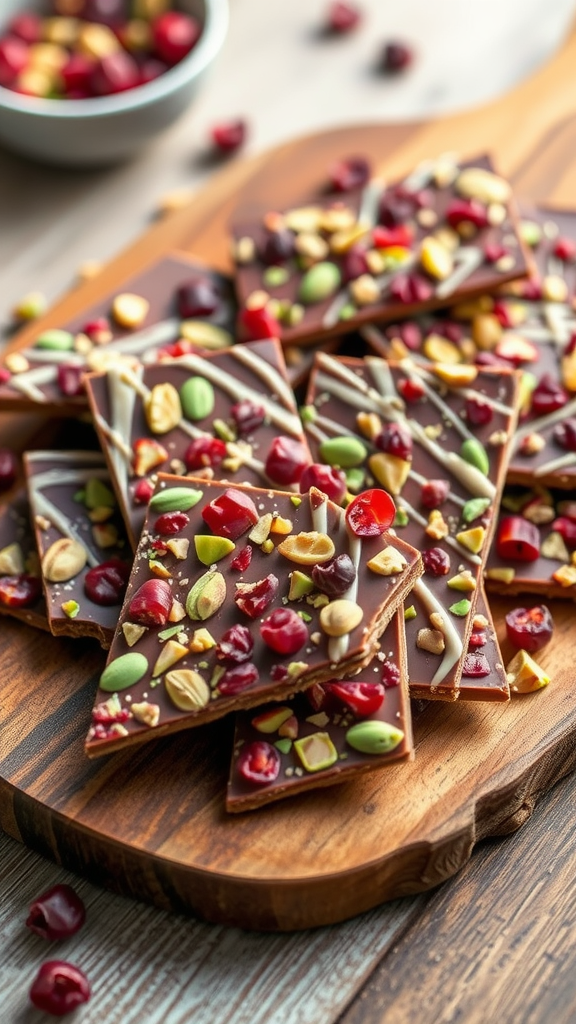 A wooden board displaying colorful pistachio and cranberry bark, with chocolate and nuts scattered around.