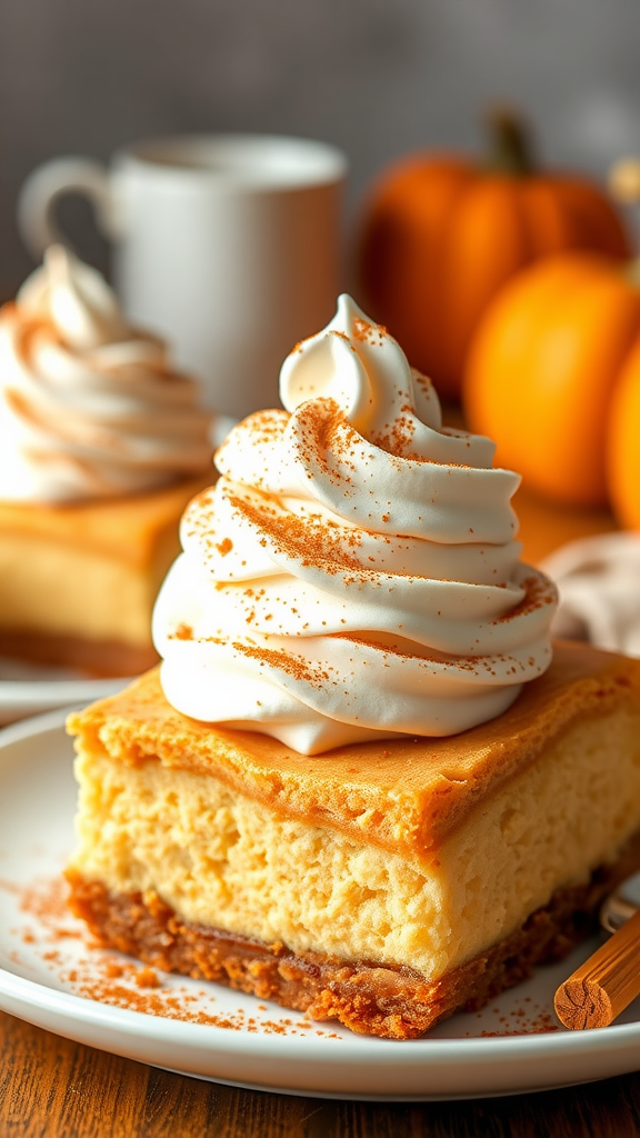 Pumpkin cheesecake bars with whipped cream and cinnamon on a plate, surrounded by pumpkins and a cup of coffee.