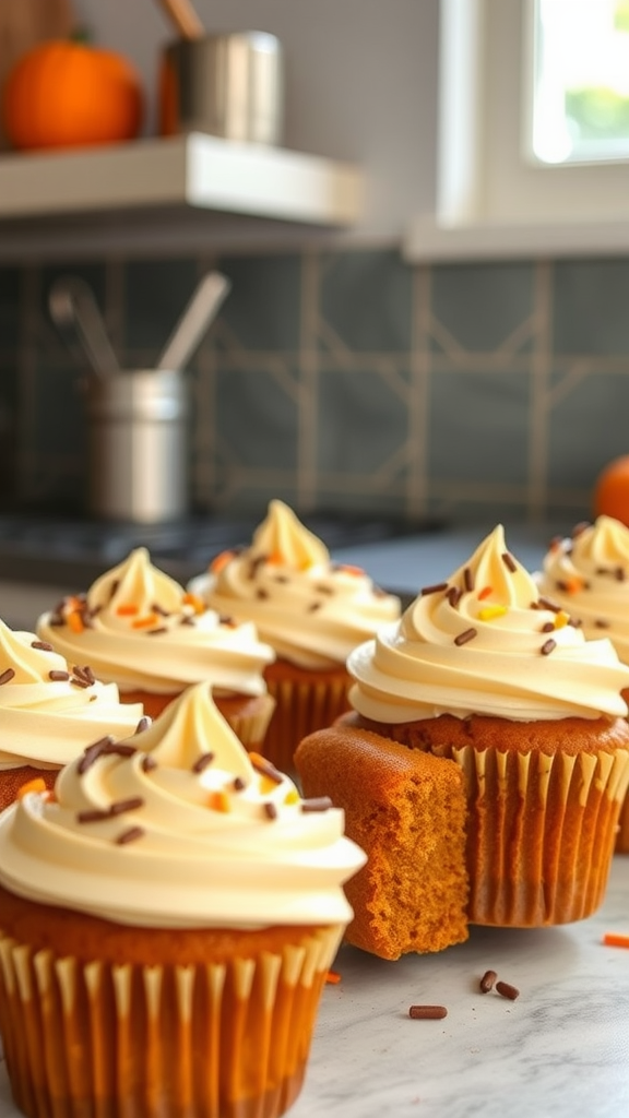 A close-up of Pumpkin Spice Latte Cupcakes with creamy frosting and sprinkles, set in a cozy kitchen.