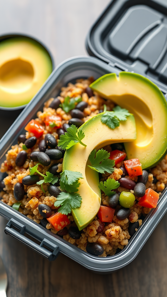 A quinoa and black bean bowl with avocado slices and cilantro