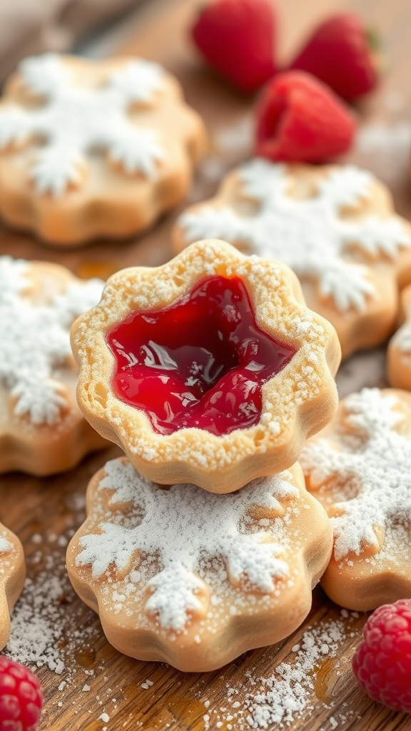 A close-up of raspberry Linzer cookies shaped like snowflakes, dusted with powdered sugar and filled with raspberry jam.