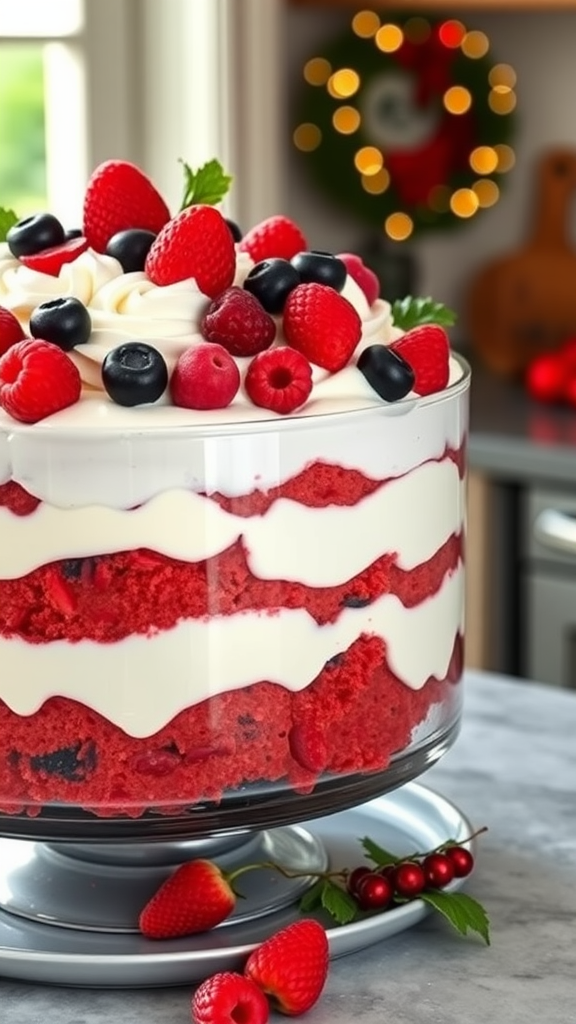 A festive Red Velvet Christmas Trifle layered with red velvet cake, whipped cream, and topped with fresh berries.