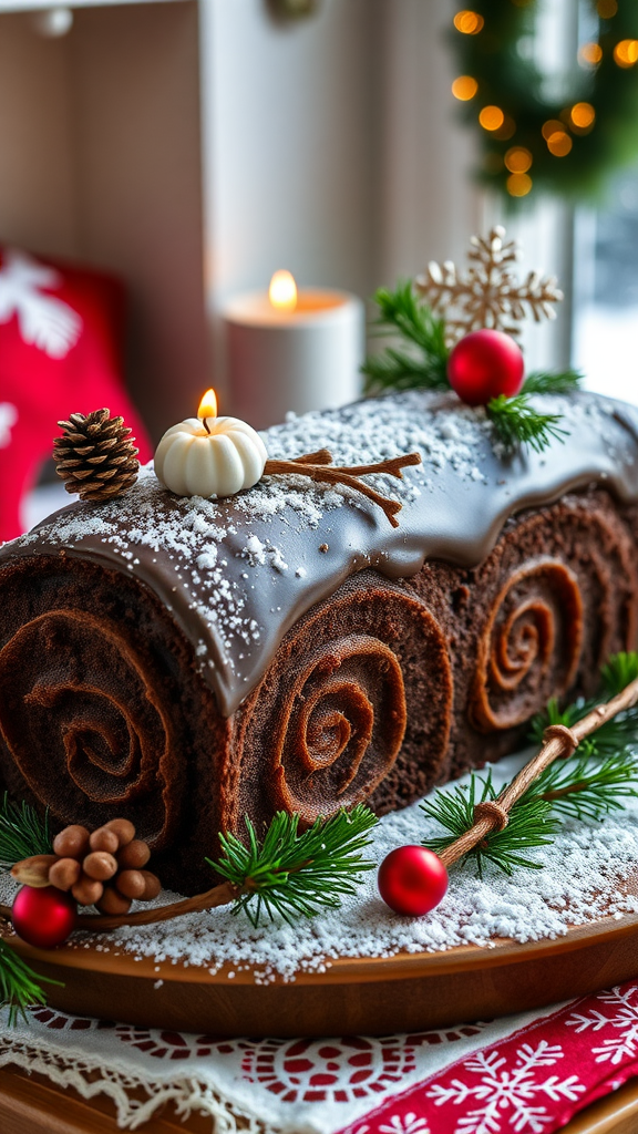 A beautifully decorated rich chocolate yule log with festive elements like pine cones and mini pumpkins.