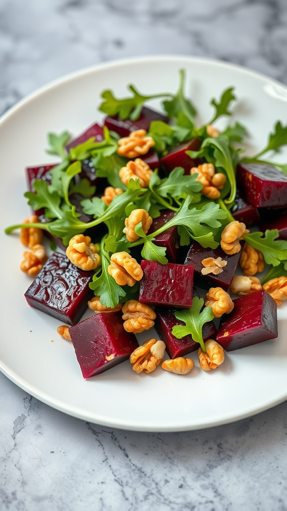 A plate of roasted beet and walnut salad with greens