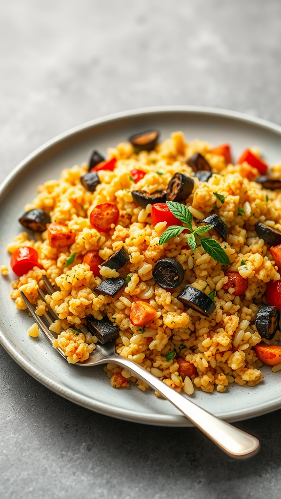 A plate of roasted vegetable couscous with colorful veggies.