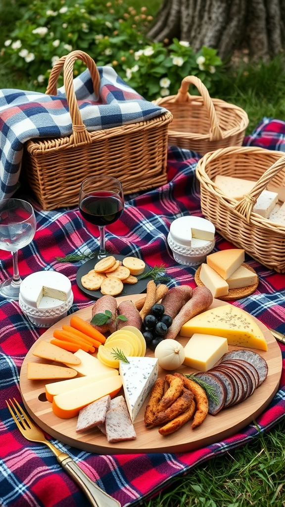 A rustic picnic setup featuring a charcuterie board with a variety of cheeses, meats, and snacks on a plaid blanket