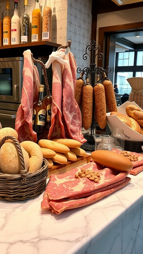 A display of savory meats and artisanal breads on a marble countertop.