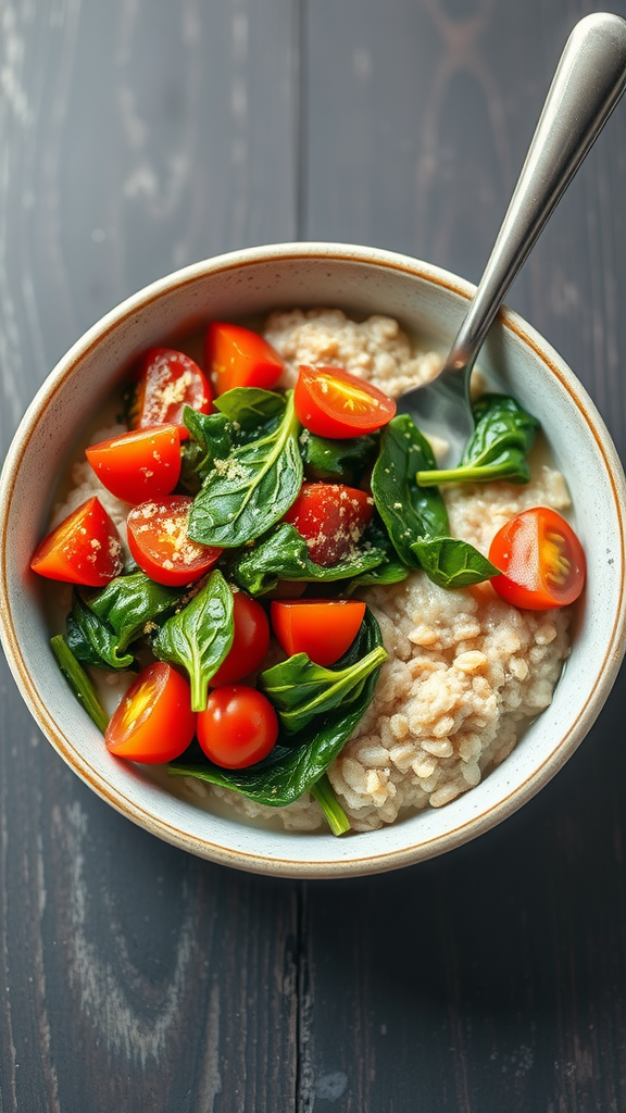 A bowl of savory oatmeal topped with spinach and cherry tomatoes.