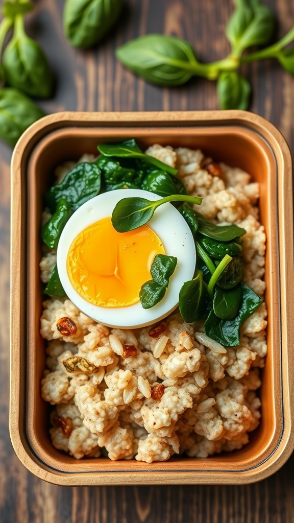 A bowl of savory oatmeal topped with a poached egg and fresh spinach on a wooden table.