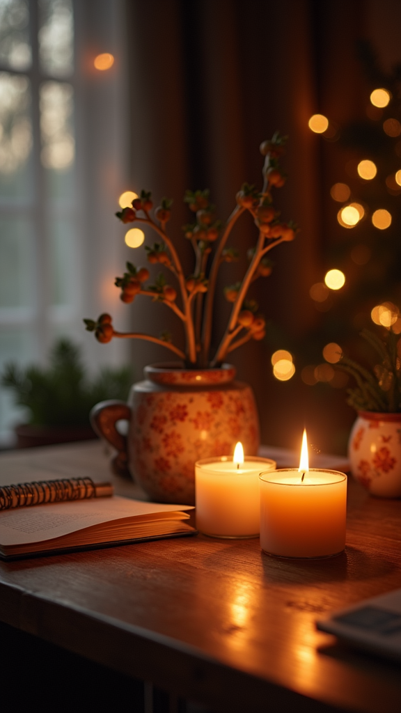 A cozy feminine home office setup featuring candles, a notebook, and plants