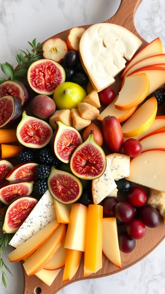 A beautifully arranged charcuterie board featuring seasonal fruits and various cheeses.