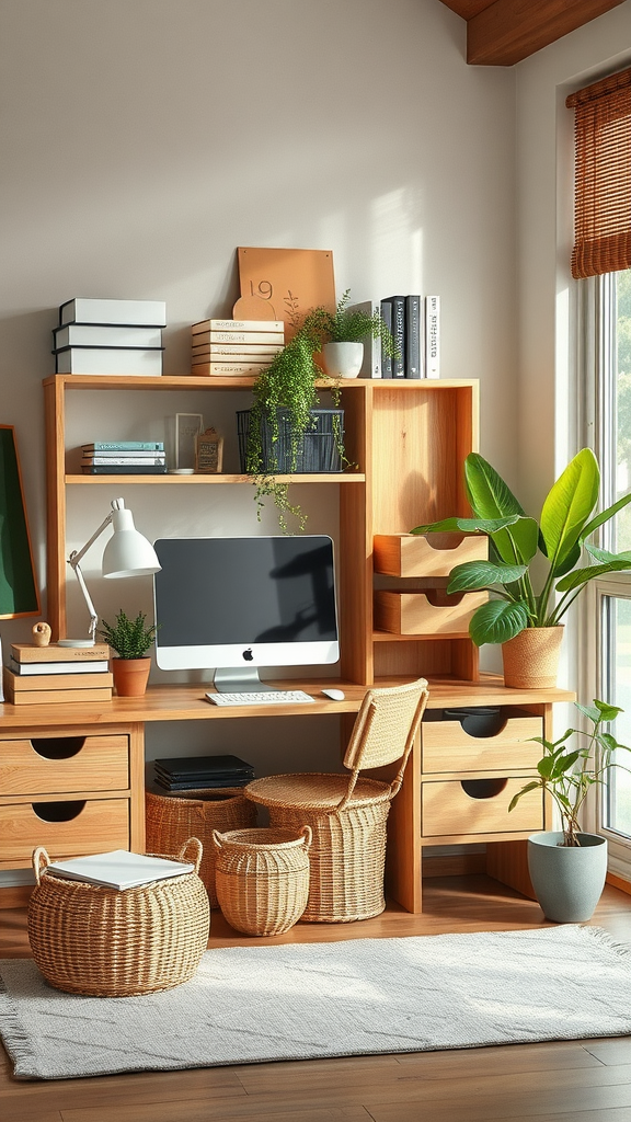 A tidy workspace with a computer, books, and decorative plants in storage solutions.