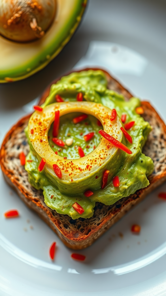 A slice of toasted bread topped with smashed avocado, a ring of avocado, and red chili flakes.