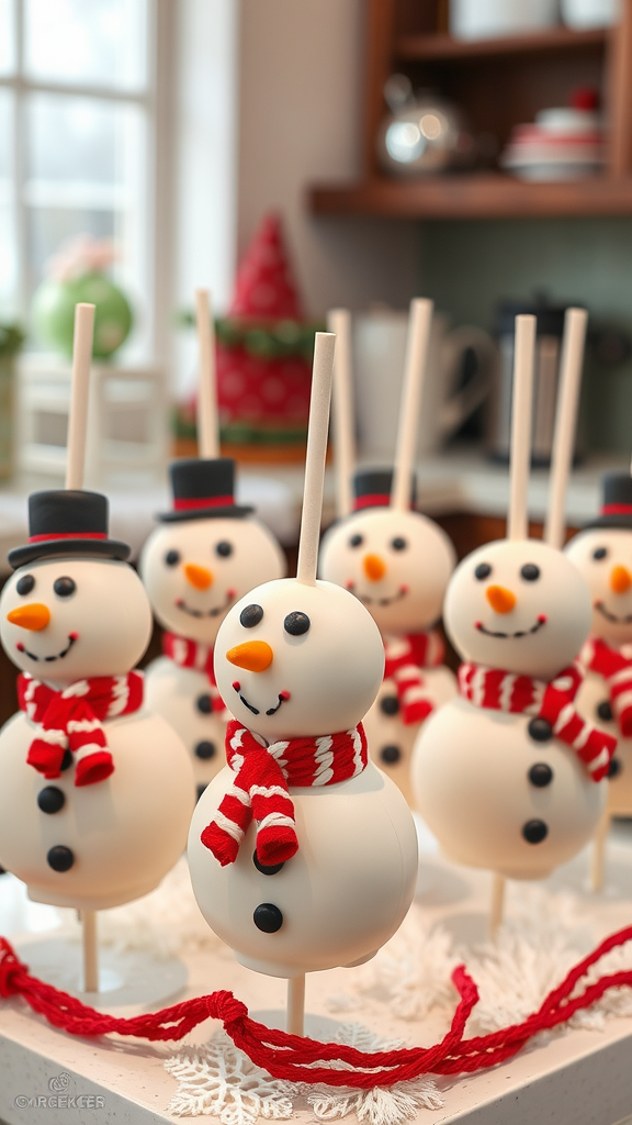 A display of snowman cake pops with red scarves and black hats.