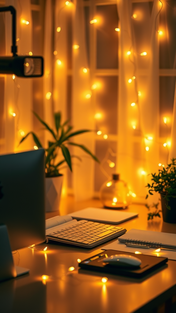 A softly lit workspace decorated with fairy lights, showcasing a cozy and inviting atmosphere.