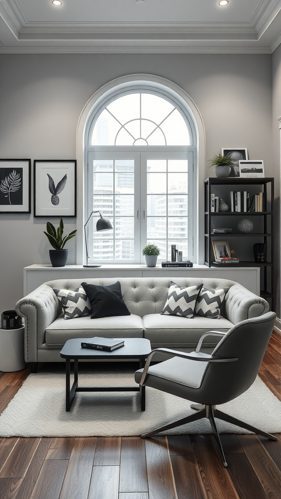 A beautifully styled monochrome couch in a modern living room setting.