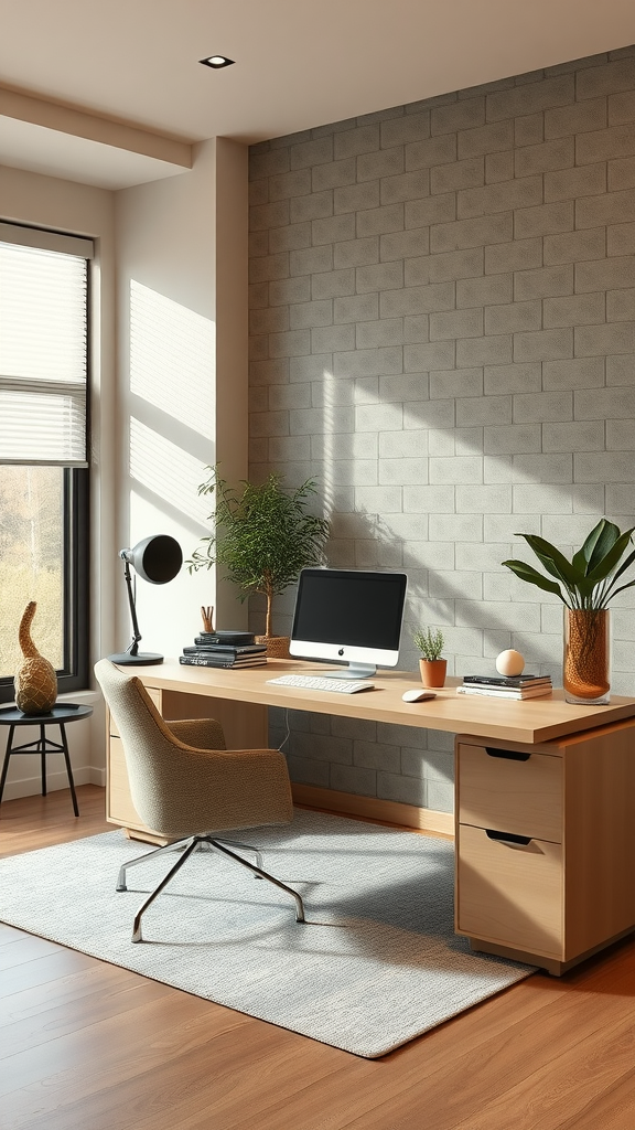 A modern, well-lit home office setup featuring a desk, computer, and plants.