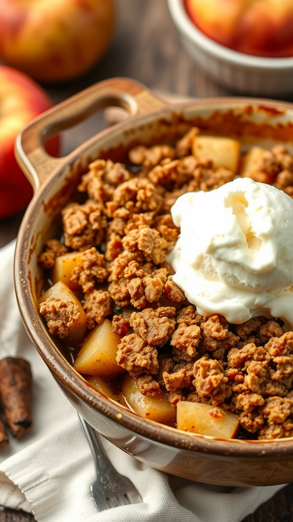 A warm spiced apple crisp topped with vanilla ice cream, with apples in the background.