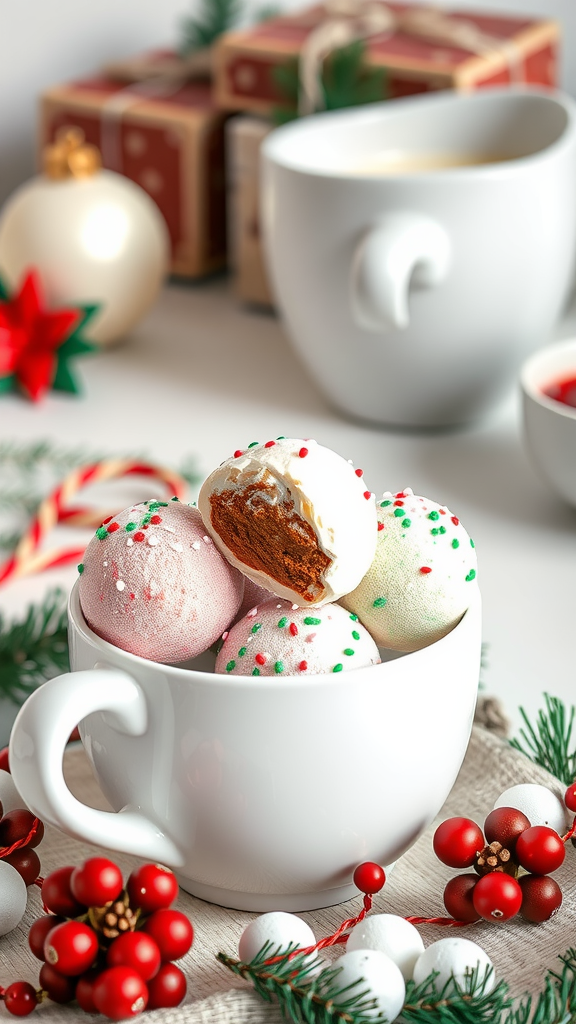 A cozy scene featuring colorful spiced hot cocoa bombs in a white mug, surrounded by festive decorations.