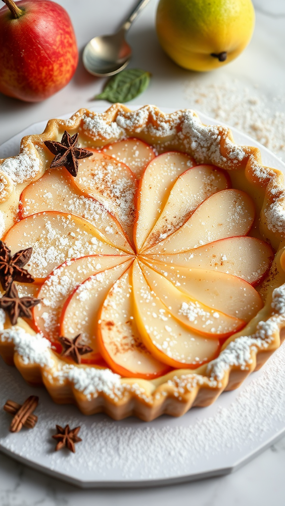 A spiced pear tart topped with sliced pears and dusted with powdered sugar, surrounded by apples and star anise.