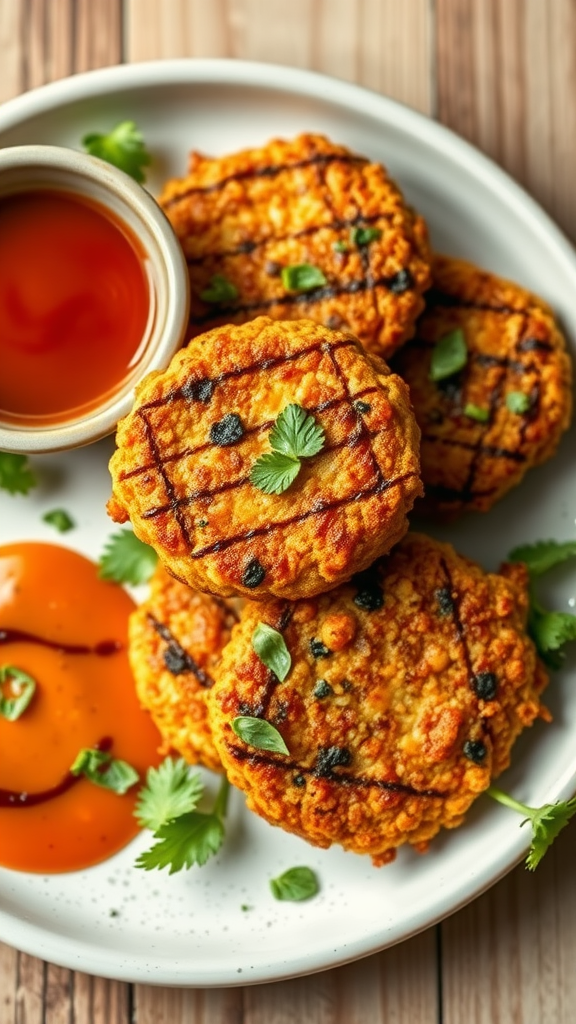 A plate of spicy chickpea and quinoa patties with dipping sauce on the side.