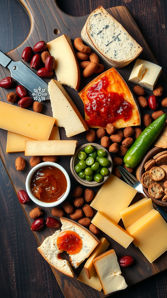 A simple charcuterie board featuring various cheeses, nuts, green olives, and crackers.