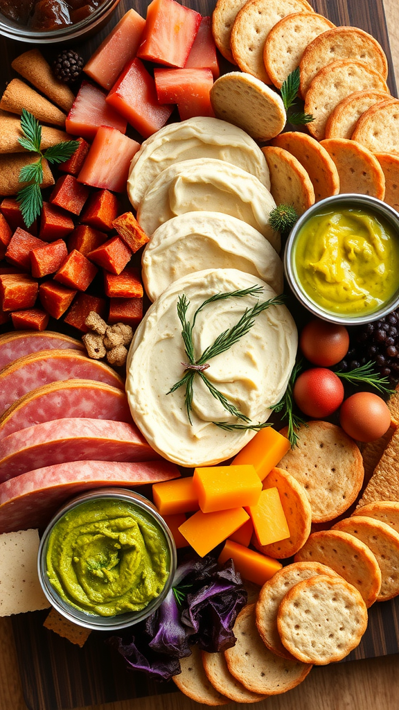 A colorful Simple Charcuterie Charcuterie Board featuring various meats, cheeses, crackers, and dips.