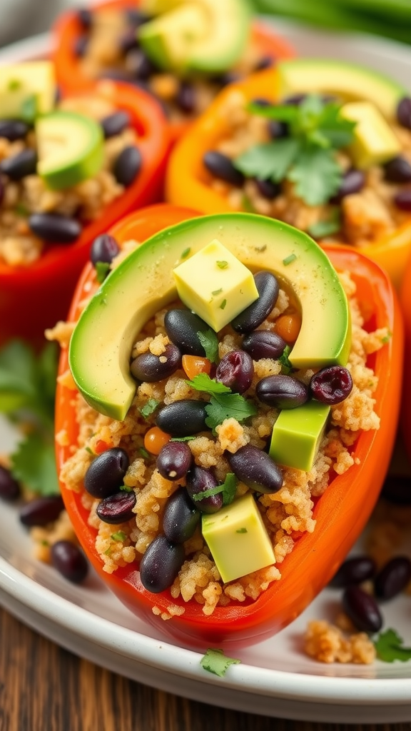 Colorful stuffed bell peppers filled with grains, black beans, and topped with avocado and cheese.