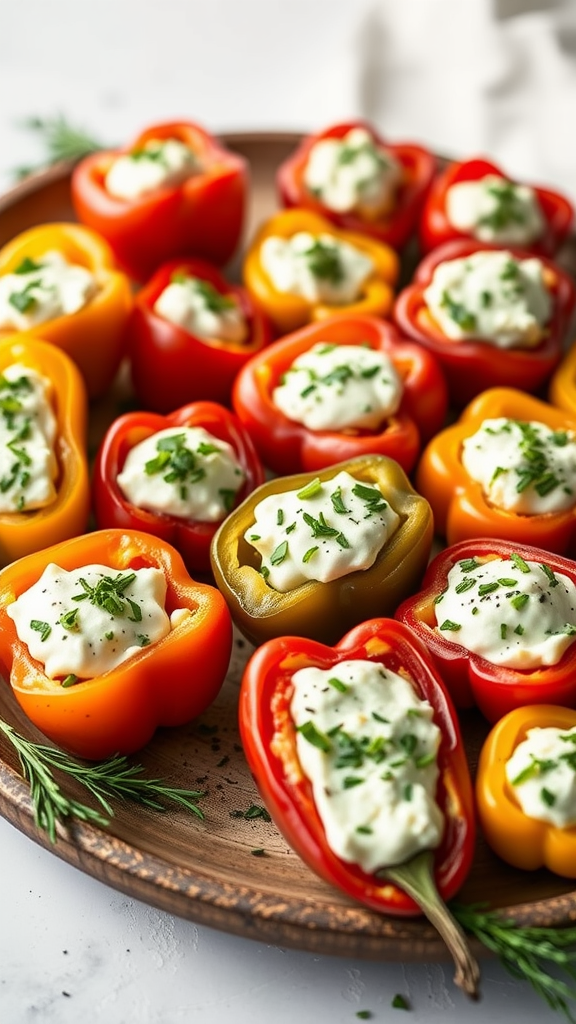 Plate of stuffed mini peppers with cream cheese and herbs