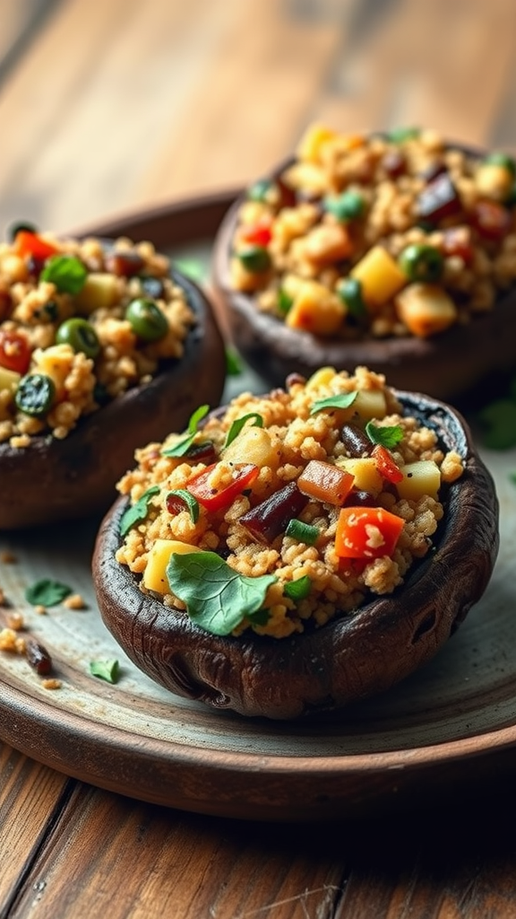 Three stuffed portobello mushrooms filled with grains and vegetables on a wooden plate.