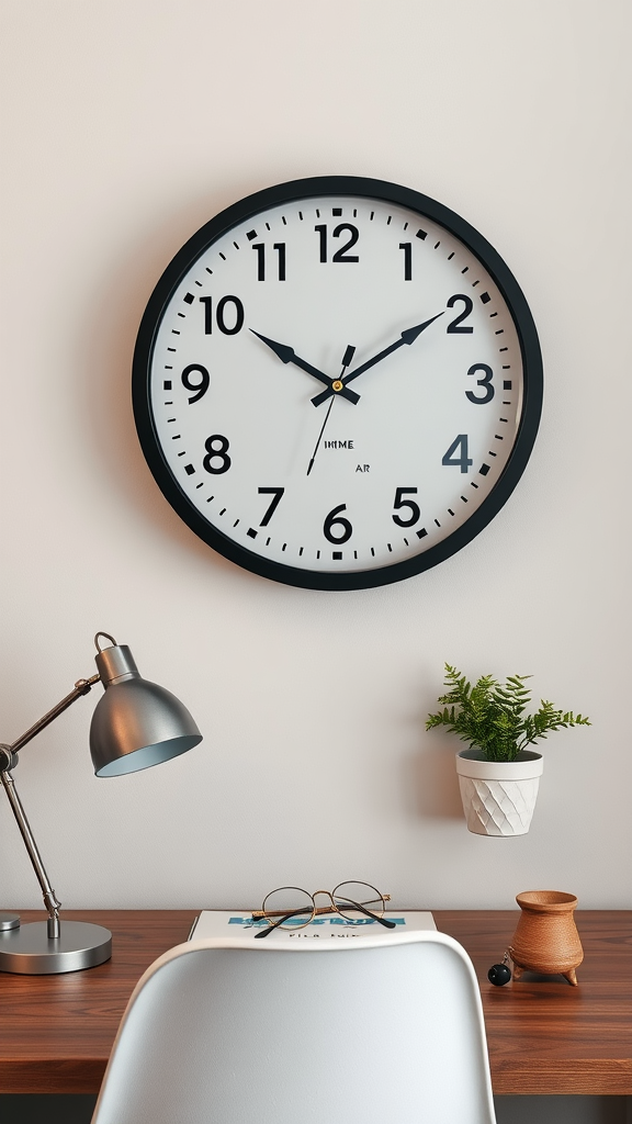 A stylish wall clock with black frame, displaying large numbers, hanging above a wooden desk.