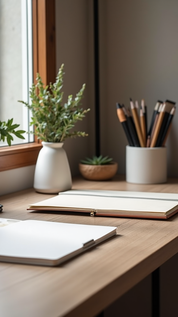 A stylish desk with feminine elements, featuring notebooks, plant decorations, and organized pencil holders.