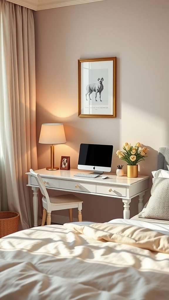 A cozy and stylish desk in a small room, featuring a computer, lamp, and decorative plants.