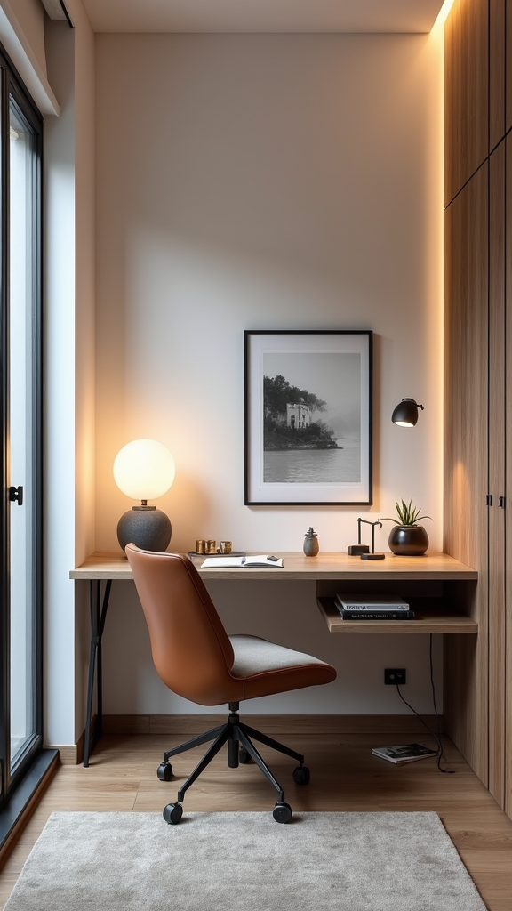 Stylish office with a desk, chair, lamp, and decorative items.