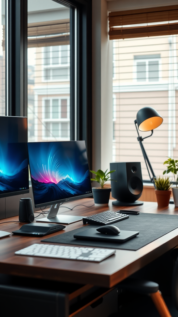 A modern workspace featuring dual monitors, a keyboard, mouse, and plants, showcasing stylish technology integration.