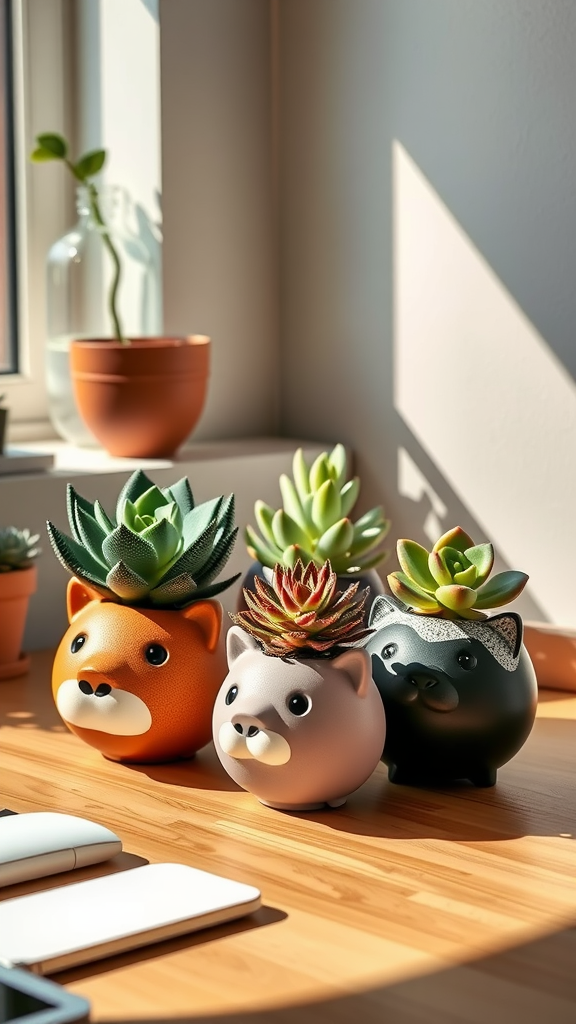 Three cute animal-shaped succulent planters on a wooden surface, with sunlight streaming in through a window.