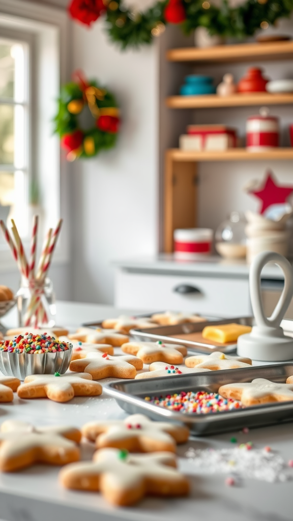 A cozy sugar cookie decorating station with star-shaped cookies, colorful sprinkles, and festive decor.