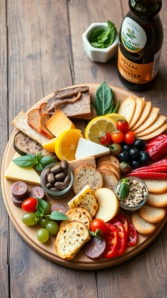 An assortment of meats, cheeses, and vegetables arranged on a wooden platter, showcasing a sustainable and local charcuterie board.