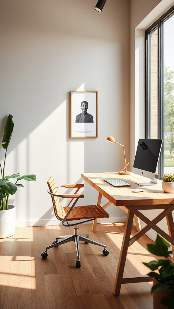 A bright and modern office space featuring a wooden desk, a stylish chair, and plants.