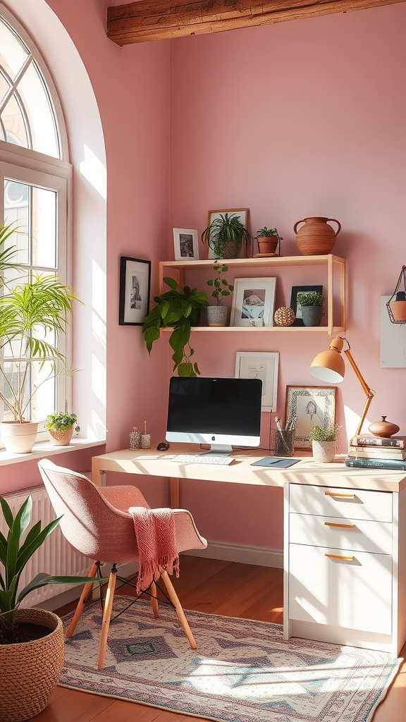 A cozy home office decorated in pink with a desk, computer, and plants.