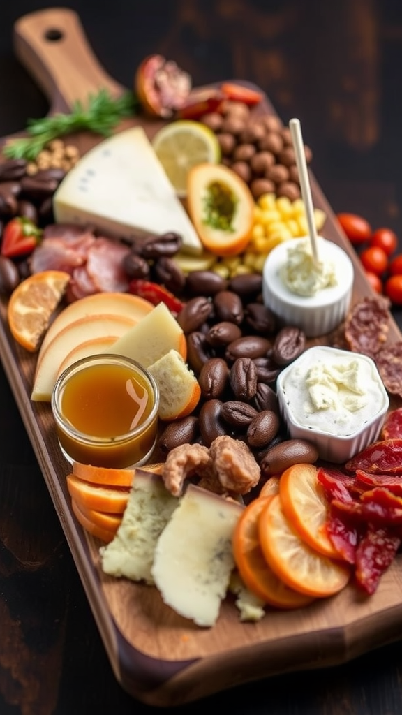 A beautifully arranged Simple Charcuterie Charcuterie Board featuring cheeses, cured meats, fruits, nuts, and honey.