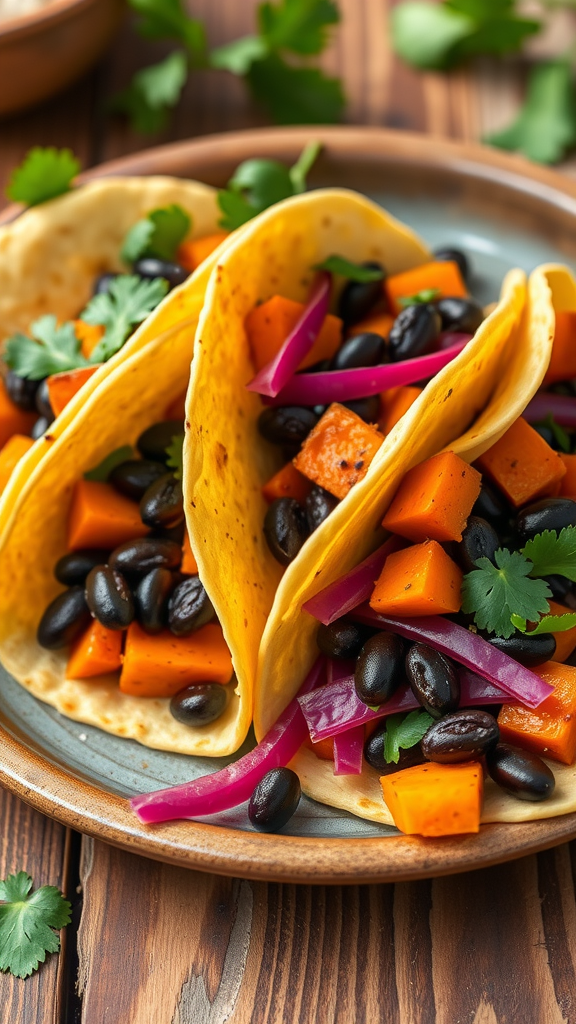 Three tacos filled with sweet potatoes, black beans, and colorful toppings on a plate.